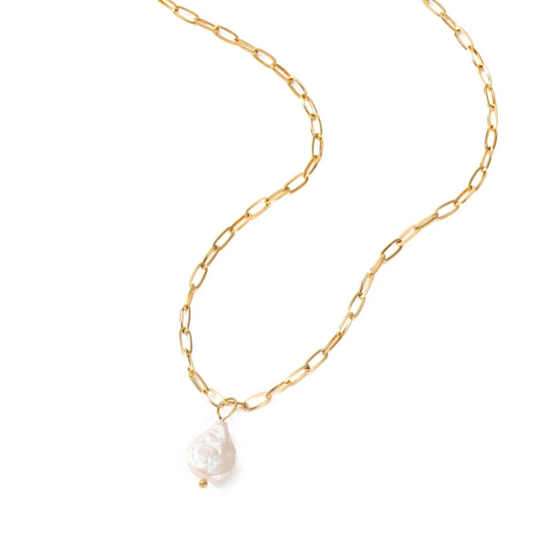 Fine Paper Clip Necklace with Freshwater Pearl